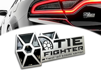 Car emblem gift for Star Wars fan - Tie Fighter Twin Ion Engine Edition - Paint-safe adhesive - Weather resistant - 5in L x 2in W