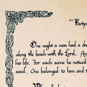 Footprints in the Sand.   This calligraphy piece is a hand watercolored reproduction of my original calligraphy.