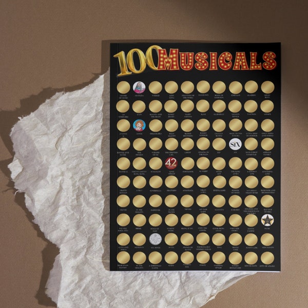 100 must see musicals scratch poster, black