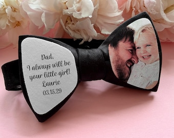 Etiqueta para pajarita de papá, etiqueta para traje, parche para corbata con foto, foto del padre de la novia, padre del novio, regalo de bodas, para siempre tu pequeña niña