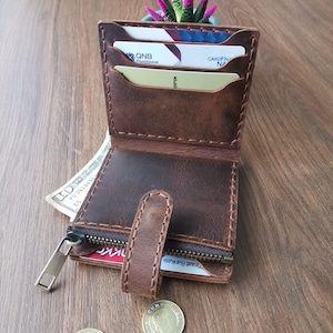 Cartera de cuero hecha a mano para mujer, de cuero auténtico de primera calidad, fina, elegante y elegante, regalo perfecto para ella, monedero con bolsillo con cremallera