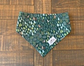 In the woods dog bandana, reversible, personalized, green, red with hearts, dog scarf, neckerchief