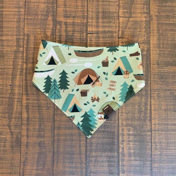 Dog Bandana, camping fun green, camping dog, camping fabric, dog mom gift, reversible, tie and snap bandana