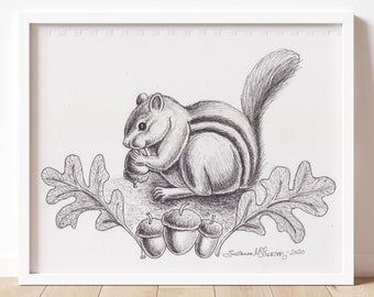 Colorado Chipmunk Original Pen and Ink Artwork, 8x10 Wall Art, Colorado Art by Colorado Artist, Pen And Ink, Colorado gifts, chipmunk Art