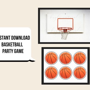 May include: Printable basketball party game featuring a black and white image of a basketball hoop and six orange basketballs with black outlines.