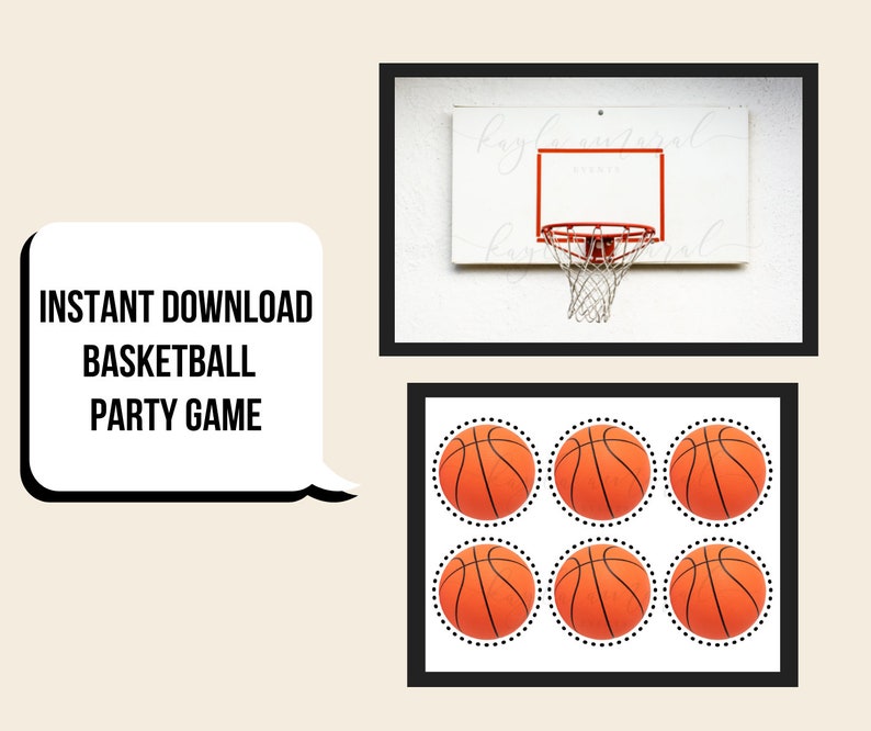 May include: Printable basketball party game featuring a black and white image of a basketball hoop and six orange basketballs with black outlines.