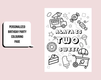 Two Sweet Happy Birthday Colouring Page | Kids Party Activity | Custom Name Party Favor | Printable Colouring Page | Party Download | PDF