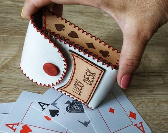 White Handmade Leather Playing Cards Case, Poker Box, Bridge Bag, Solitaire Bag