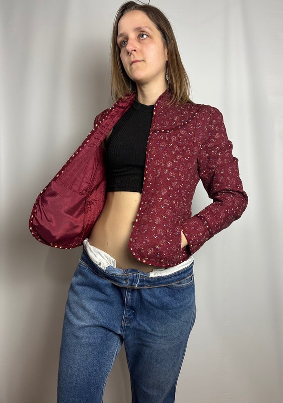 Vibrant Cottage Core Maroon Floral Quilted Jacket