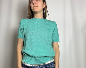 Minty, Seafoam Green, Barry & Me Knit Grandma Top with Scalloped Detailing at Boat Neckline and Short Sleeved Cuffs