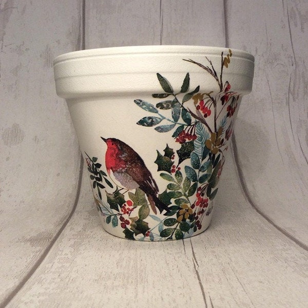 Hand Painted and Decoupaged Christmas Robin Terracotta Plant Pot - Perfect Gift For Any Occasion