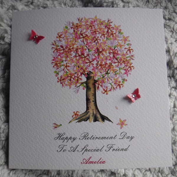 Handmade personalised Retirement card, Floral retirement tree