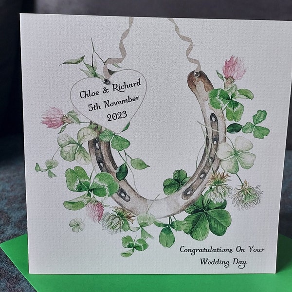 Handmade personalised Wedding Day card, Horse shoe