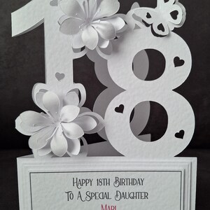 Handmade personalised 18th Birthday card, 3d Papercut Lillies, Whitework With gift box
