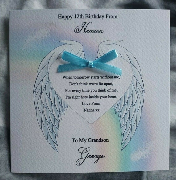 Personalised Birthday in Heaven Card Handmade Angel Wings 