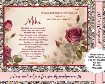 May include: A personalized memorial card with a poem about a husband who has passed away. The card features a red rose with green leaves and the name "Mike" in a cursive font. The text reads "In loving memory of my husband in heaven on your 50th birthday".