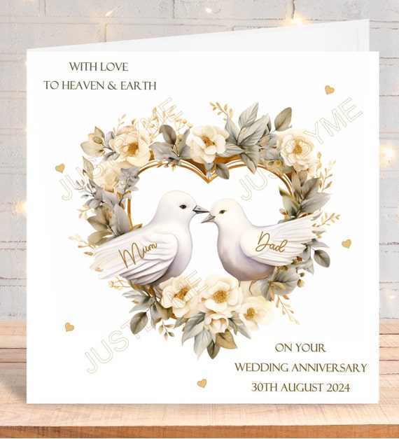 Handmade personalised Wedding Anniversary To Heaven Earth card, Doves