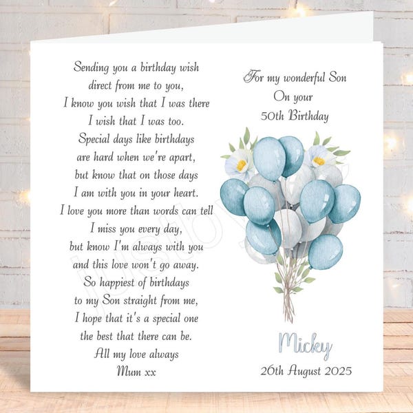 Handmade personalised birthday from Heaven card, Sending you a birthday wish, Male/ Blue