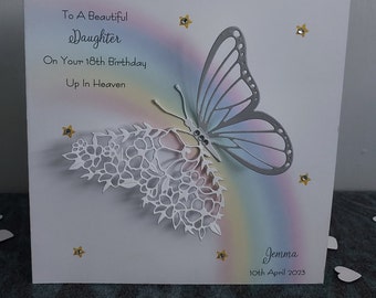 Carte d'anniversaire In Heaven personnalisée faite main, arc-en-ciel et papillon floral
