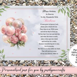 Personalised Waterproof Heavenly Birthday Memorial Grave Marker card, Roses Balloons