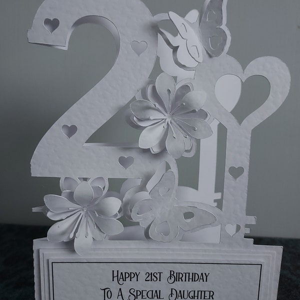 Handmade personalised 21st Birthday card, 3d Papercut Lillies, Whitework With gift box