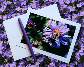 Bee and purple flower 5x7 Blank Greeting Card/note card with 4x6 original photo, suitable for framing, with matching envelope