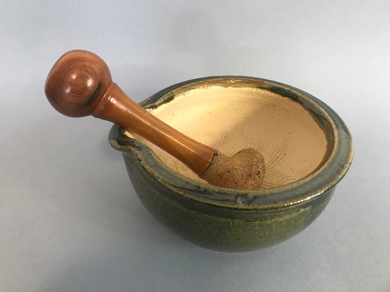 Hand Thrown Ceramic Mortar and Pestle for Grinding and Crushing Herbs and Spices in the Kitchen