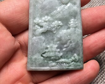 天然翡翠風景ペンダント翡翠ギフト山水彫刻 - ペンダント - 31.3g