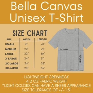 May include: Size chart for a unisex Bella Canvas t-shirt. The chart shows the size, width in inches, and length in inches for sizes small through 3X-large. The chart also includes the text "Lightweight Crewneck 4.2 oz Fabric Weight" and "*Light colors can have a sheer appearance Size tolerance of +/- 1.5" "