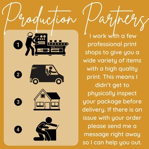 May include: An informational graphic on a mustard-colored background. The text reads "Production Partners" in a decorative font. The graphic includes four numbered black icons: a factory worker, a delivery van, a house, and a person working on a laptop.