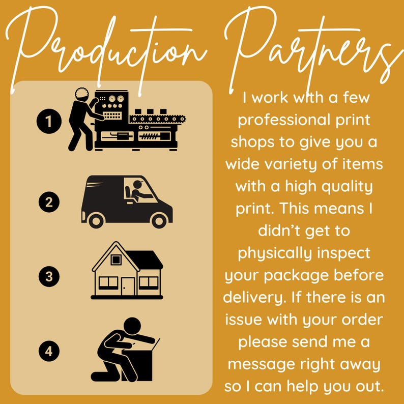 May include: An informational graphic on a mustard-colored background. The text reads "Production Partners" in a decorative font. The graphic includes four numbered black icons: a factory worker, a delivery van, a house, and a person working on a laptop.