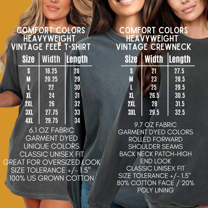 May include: Image features size charts for Comfort Colors heavyweight vintage feel t-shirts and crewnecks. The t-shirt chart lists sizes S-4XL with width and length measurements in inches. The crewneck chart also lists sizes S-3XL with width and length measurements in inches.