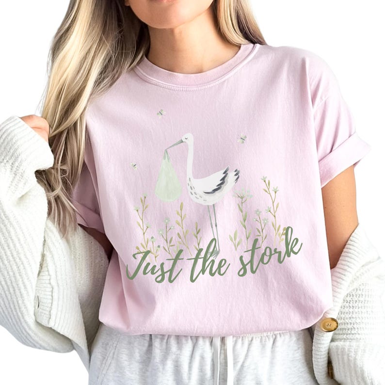 May include: Pink t-shirt with a green and white stork carrying a baby in a green bag. The shirt has green leaves and flowers and the text "Just the stork" in green.