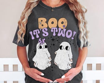 Halloween Twin Pregnancy Announcement Tshirt, Boo It&#39;s Two Ghost Maternity Shirt, Cute October Twins Pregnancy Reveal Oversized Shirt