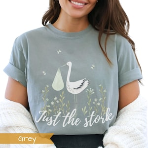 May include: A light blue t-shirt with a white stork carrying a baby in a green bundle. The shirt has the text "Just the stork" printed on it.