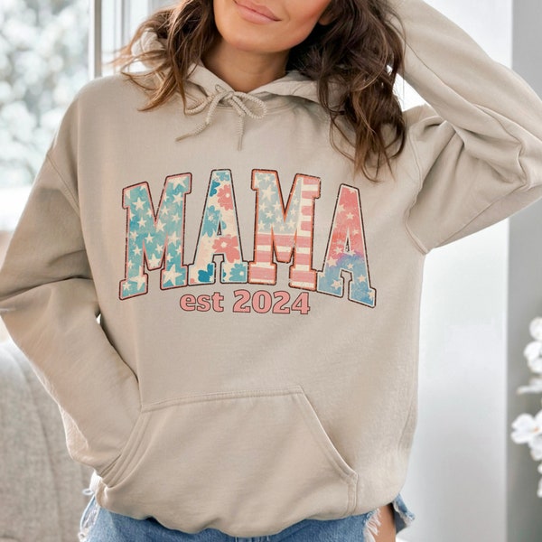 Patriotic Mama Est 2024 Hoodie, 4th of July Pregnancy Announcement Mom To Be Hooded Sweatshirt, American Flag Maternity Cozy Sweater