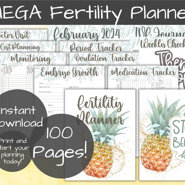 Mega Printable IVF Planner, Infertility Planner Instant Download, Digital TTC Trying To Conceive Trackers, IUI Planner Pineapple Theme