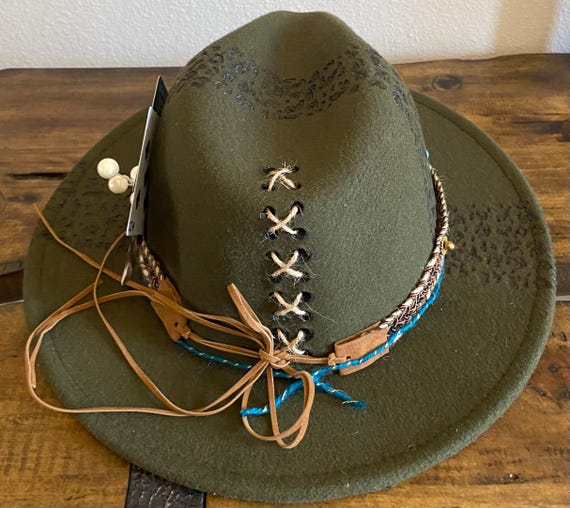 Gorgeous green western boho festival hat. Handmade Handmade Felt Hat Tree of Life Spirit Leaf Vine Forest Imp  main image 4