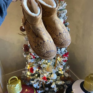 Burned boots, Sherpa Lined boots, Faux Suede, Custom Boots, Engraved, Personalized, Customizable. Floral boots, Warm booties, Free Shipping