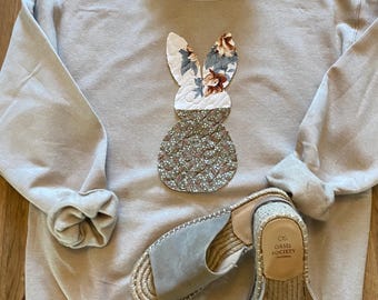 Quilted Easter Bunny Sweatshirt, Floral Fabric Bunny Applique