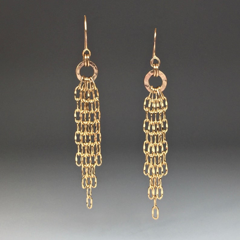 Gold Chain Tassel Earrings With Hammered Ring Etsy
