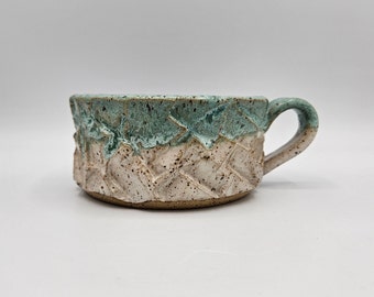 Coffee Tea Mug | Handmade Textured Surface Ceramic | Turquoise Drip Rim