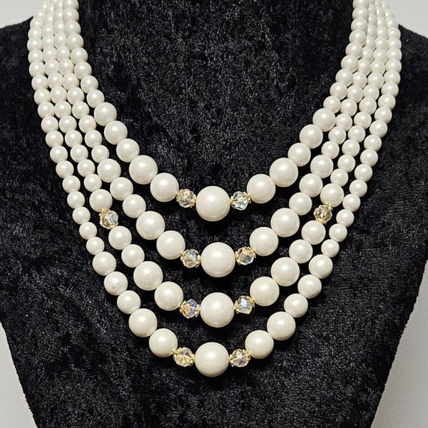 3 Pcs Vintage White Faux Pearl and Aurora Borealis 4 Stranded Beaded Necklace with Matching Clip On Earrings Marked Japan