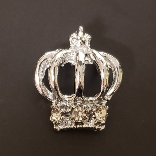 Vintage Very Shiny Silver Tone Crown Brooch with Rhinestones