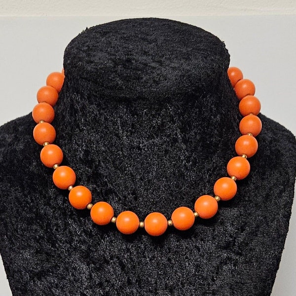 Vintage Matte Orange and Gold Single Strand Beaded Necklace with Hook Closure