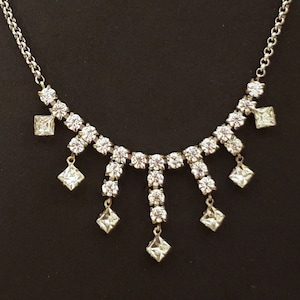 Vintage Mid Century Style White Rhinestone Statement Bib Necklace