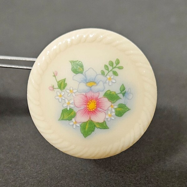 Round Vintage Signed Avon 1884 Spring Bouquet Porcelain Circle Brooch with Pink and Blue Flowers