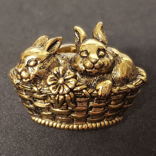 Vintage Gold Tone Bunny Rabbits in a Woven Basket Pin