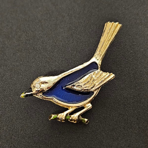 Vintage Gold Tone Bird Brooch with Blue Enamel Body and Rhinestone Eye