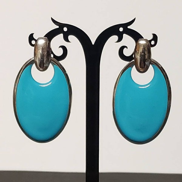 Large Vintage 1980s Silver and Blue Enamel Oval Dangle Stud Earrings
